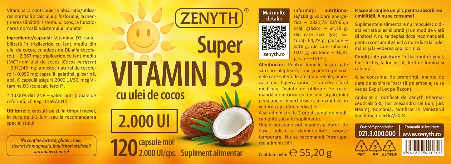 Vitamina D3 uleioasa 2000 UI,120 capsule | Zenyth